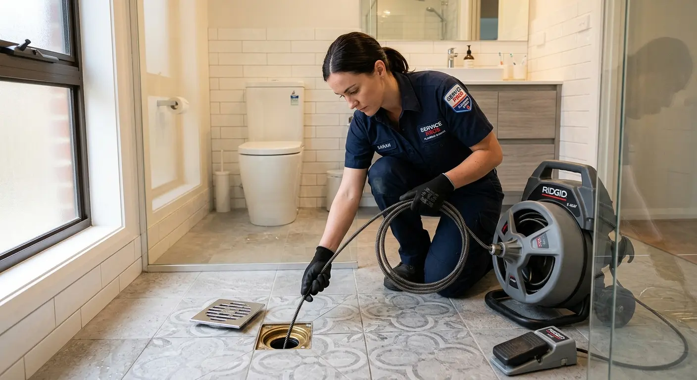 Technician clearing a bathroom floor drain for Sewer Line Replacement in Hamilton